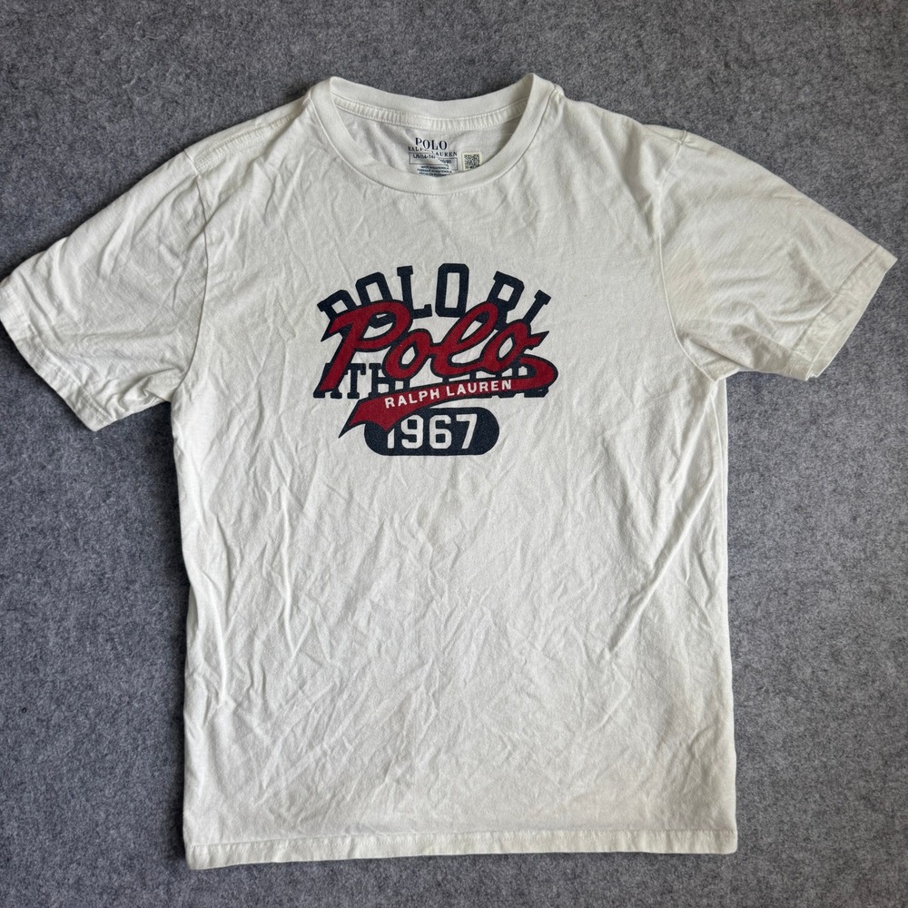 Polo Ralph Lauren Boys Size L 14-16 White Graphic T-Shirt Varsity Athletic Logo